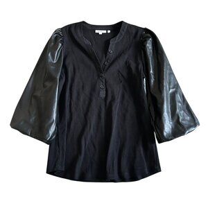 Chicos Women's Size Large Ribbed Top With Faux Leather Puff Sleeves